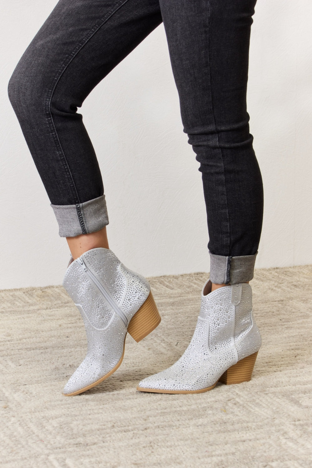 Rhinestone Silver Tone Ankle Cowboy Boots