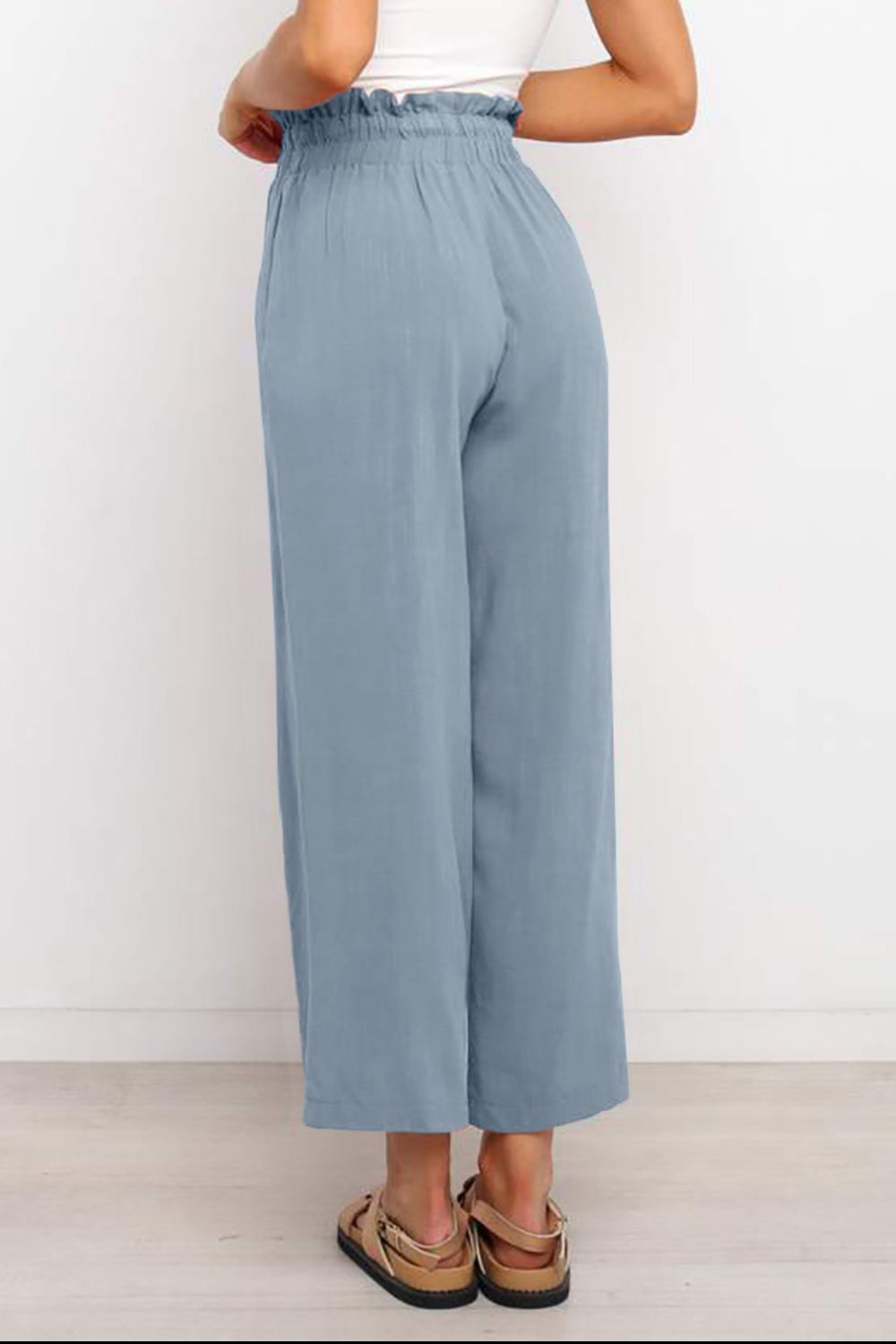 Drawstring Waist Wide Leg 3/4 Length Pants