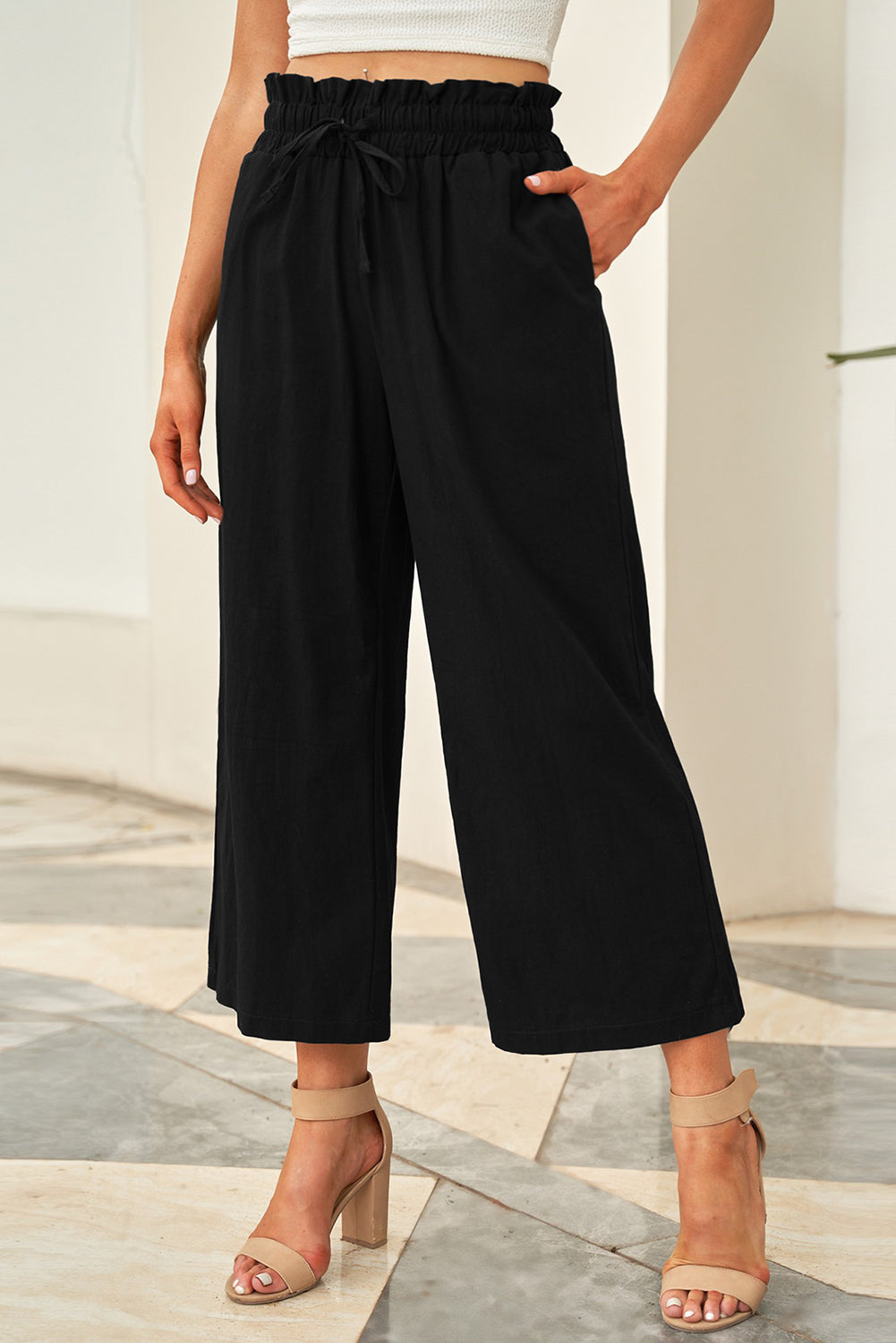 Drawstring Waist Wide Leg 3/4 Length Pants