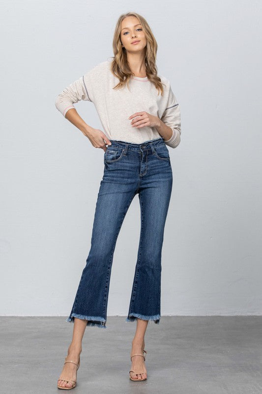 High Rise Stretch Frayed Hem Crop Jeans
