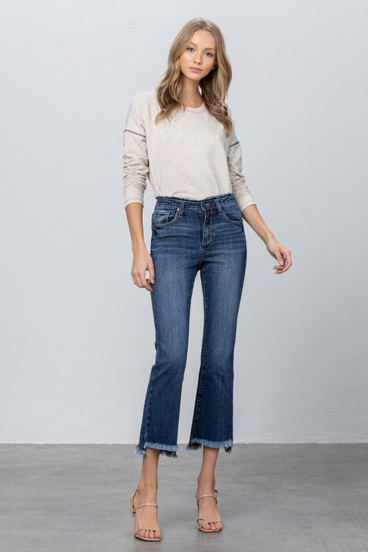 High Rise Stretch Frayed Hem Crop Jeans