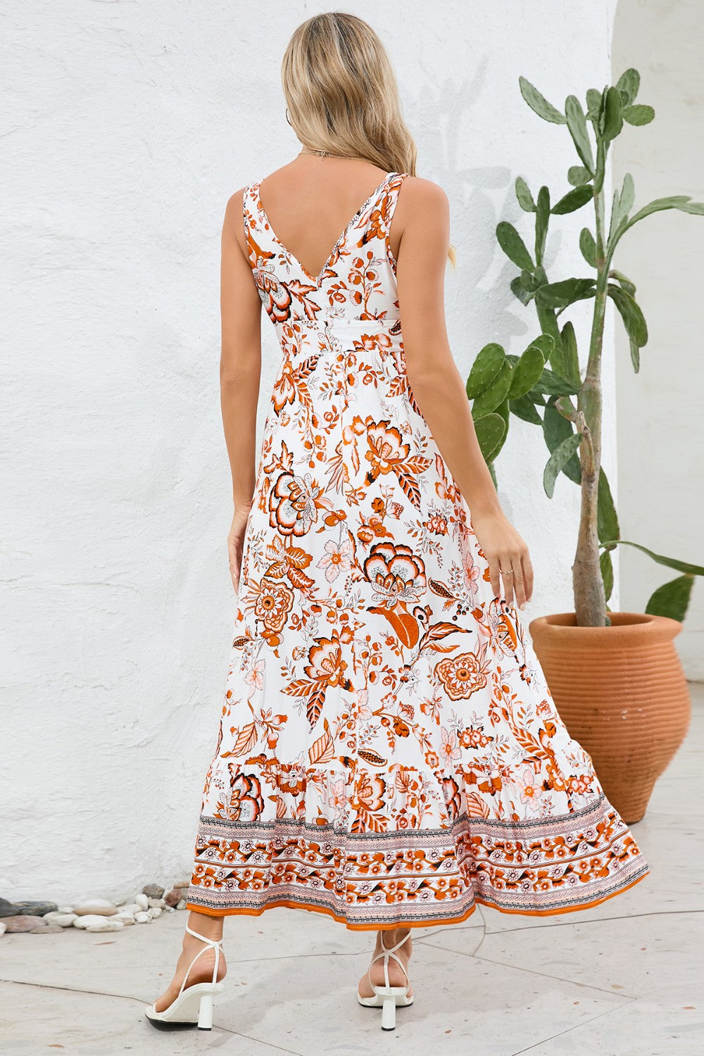 Flora Print V-Neck & Back Wide Strap Dress
