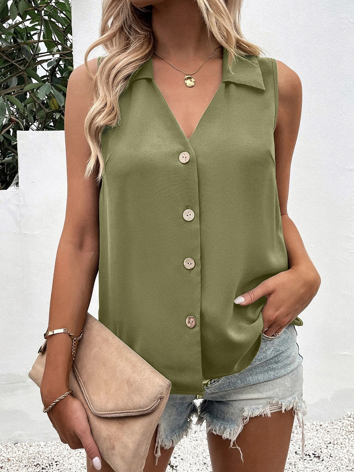 Full Size Johnny Collar Button Up Tank Variety Of Colors