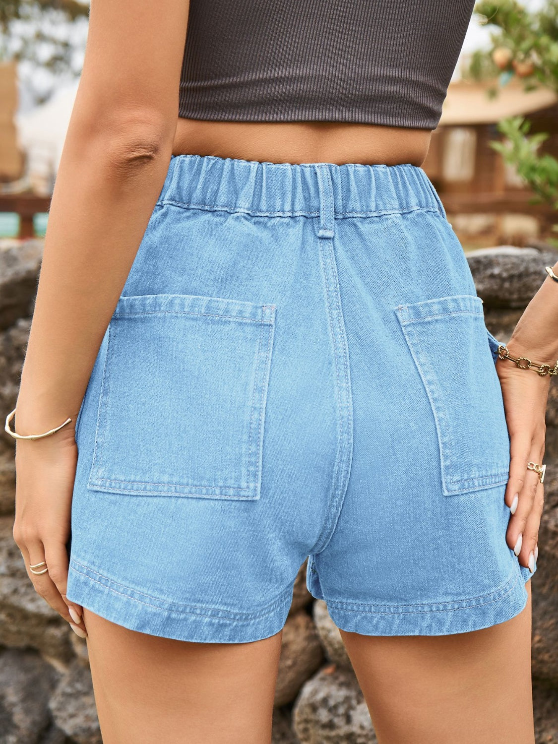 High Waist Denim Shorts with Pockets Front Flap