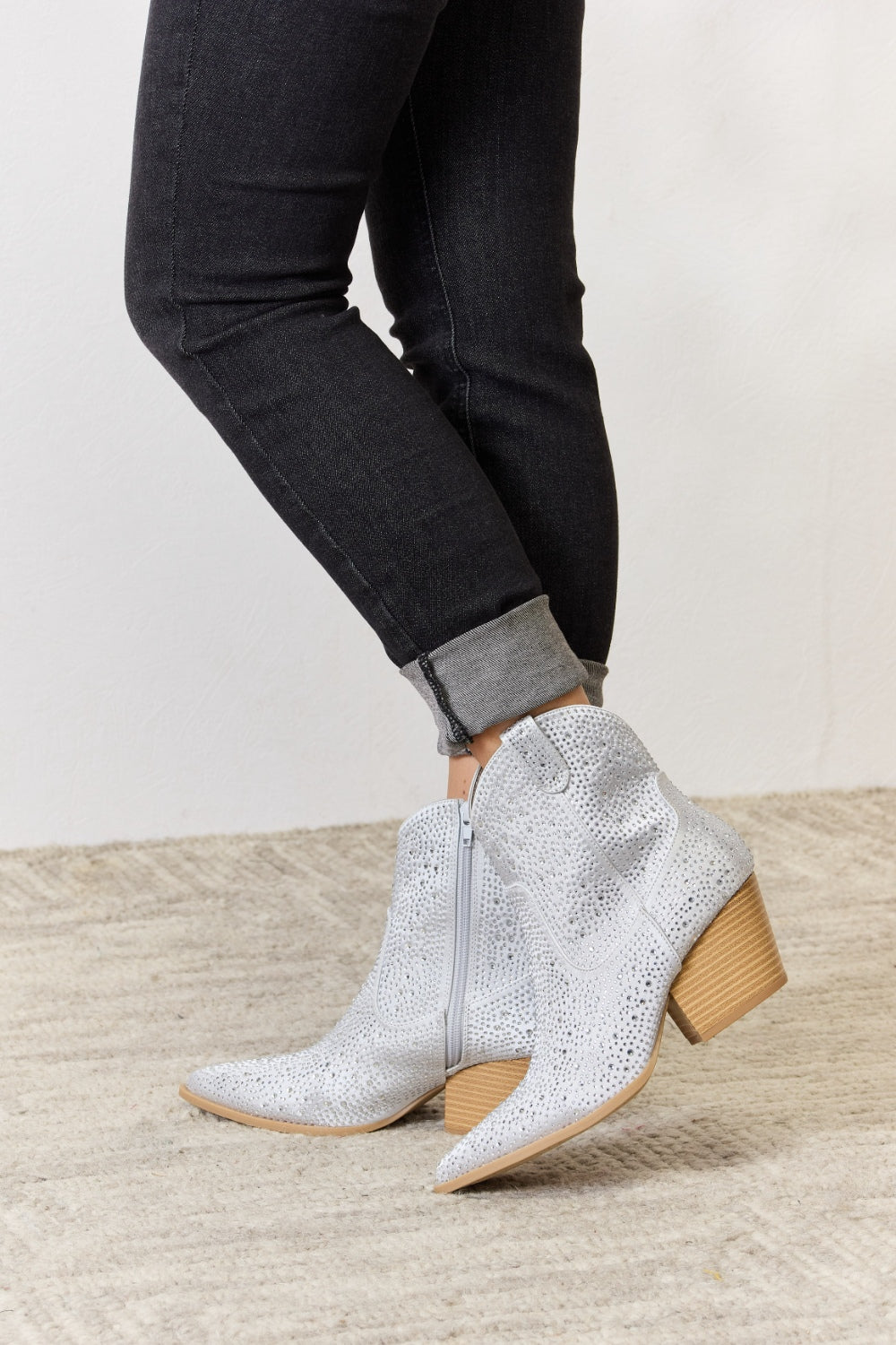 Rhinestone Silver Tone Ankle Cowboy Boots