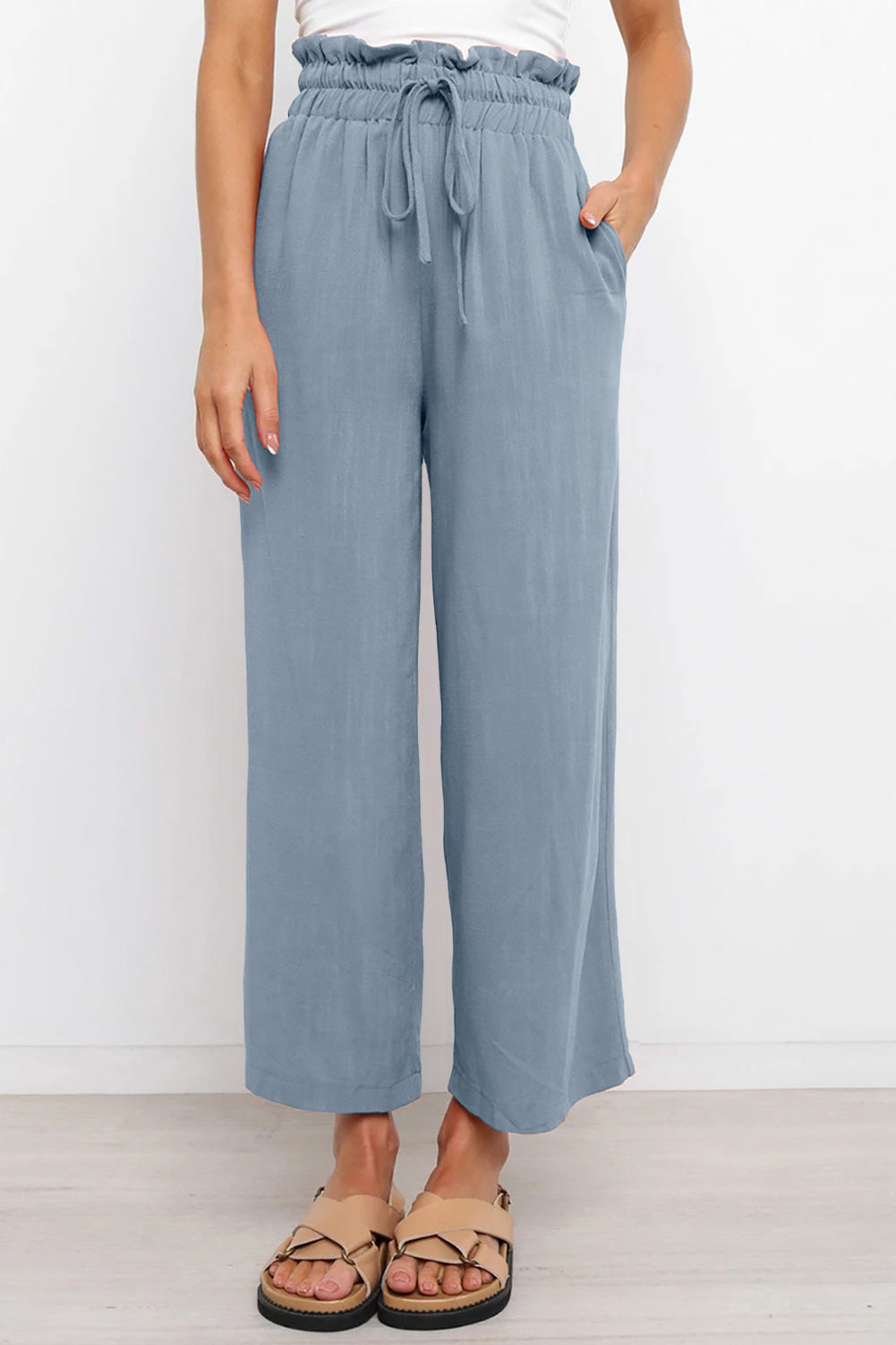Drawstring Waist Wide Leg 3/4 Length Pants