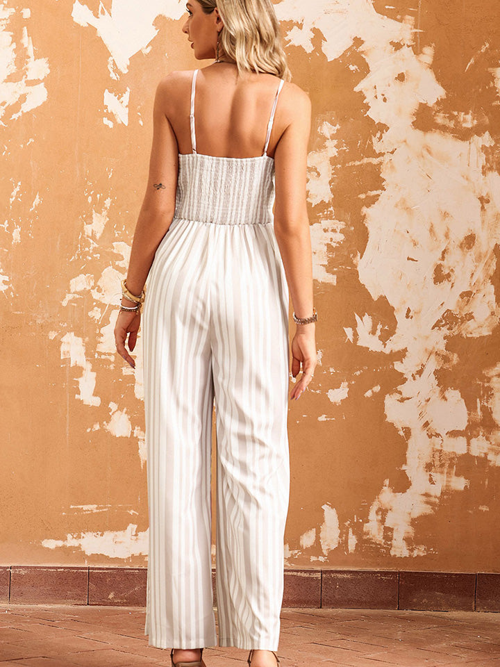Striped Sleeveless Tie Front Wide Leg Jumpsuit
