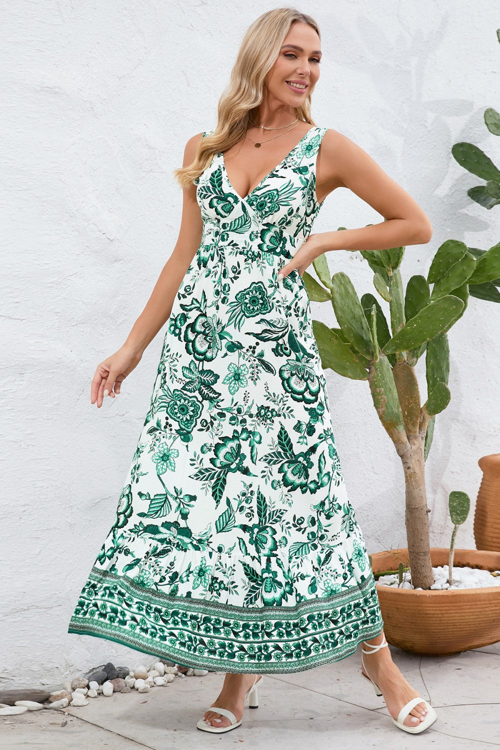 Flora Print V-Neck & Back Wide Strap Dress