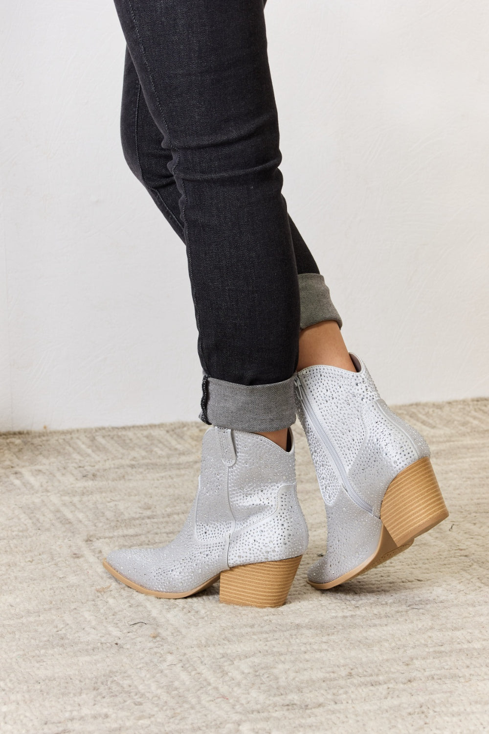 Rhinestone Silver Tone Ankle Cowboy Boots