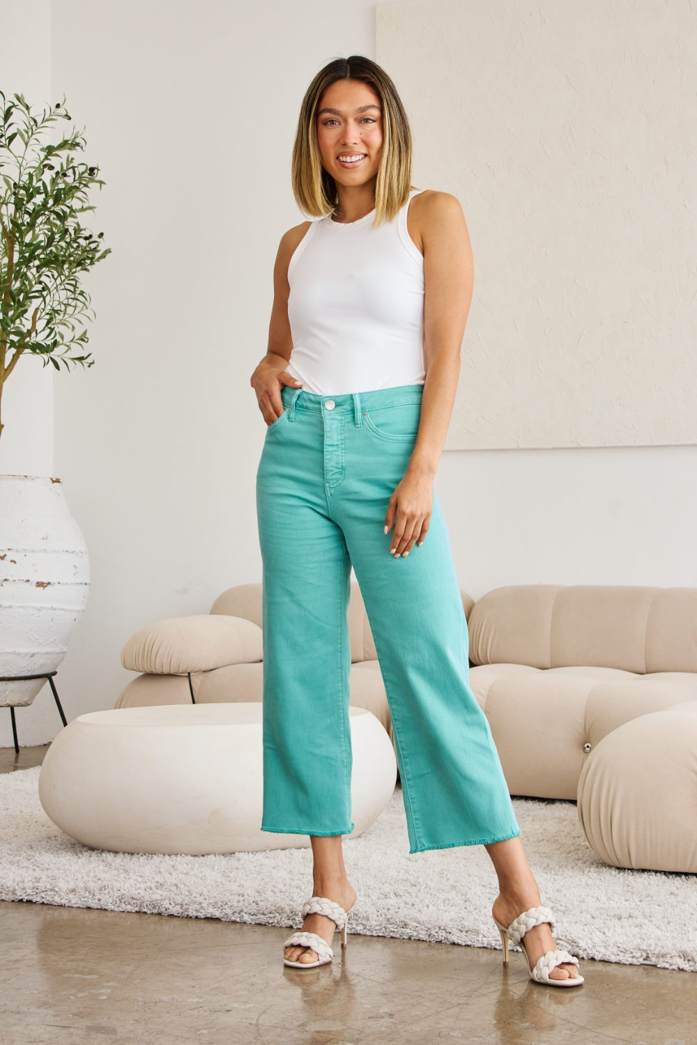 RFM Crop Chloe Island Green High Waist Raw Hem Jeans