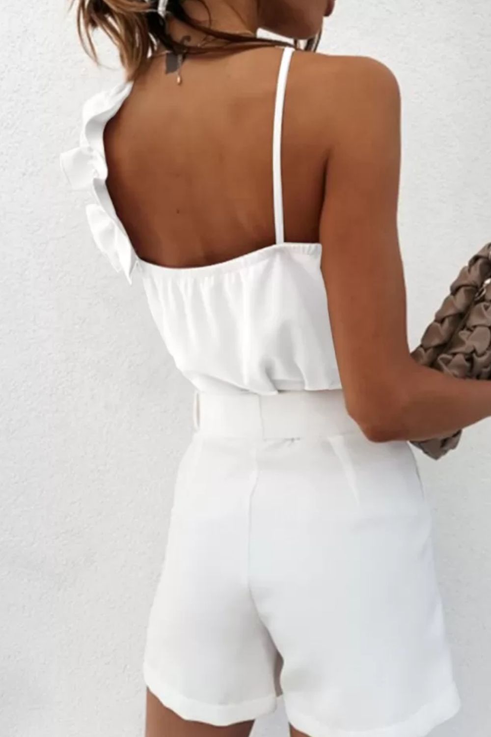 Ruffled Detail V-Neck Cami Black, Sand & White