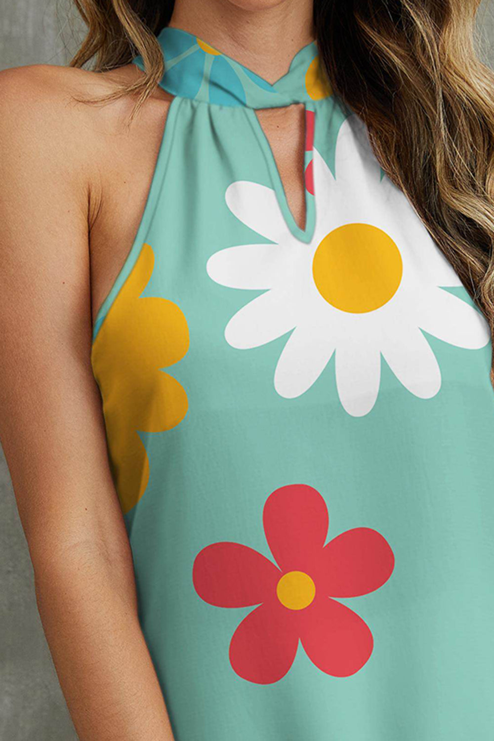 Large Flowers Of Orange, White, Yellow, & Blue Grecian Neck Tank