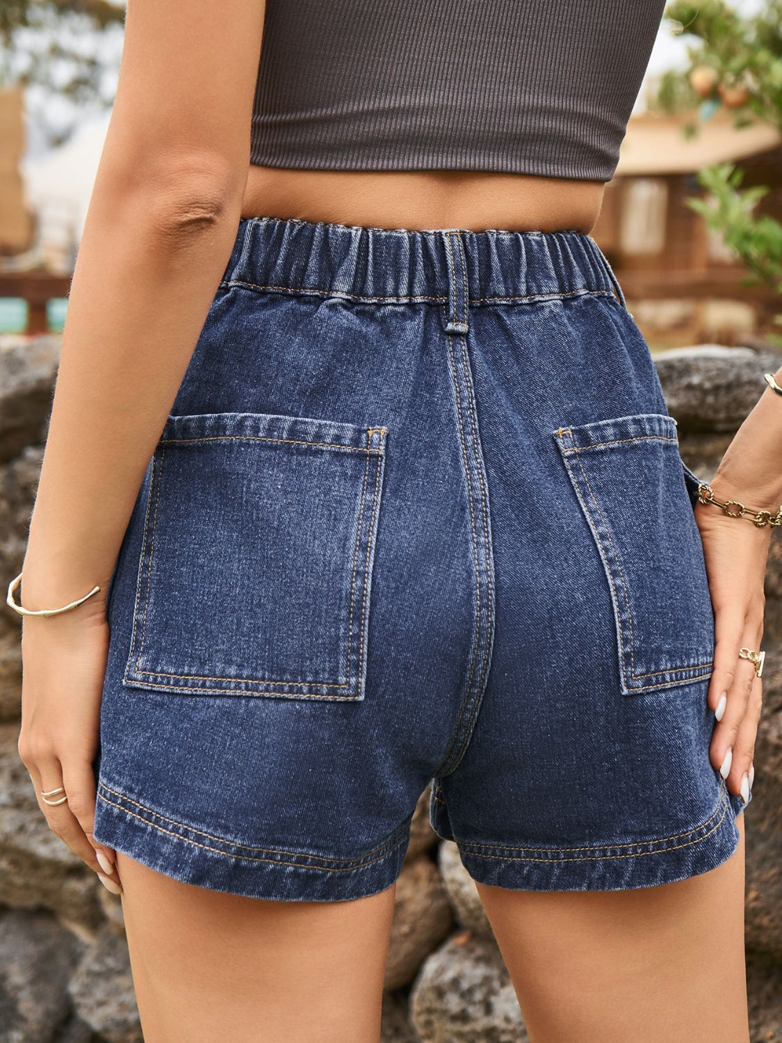 High Waist Denim Shorts with Pockets Front Flap