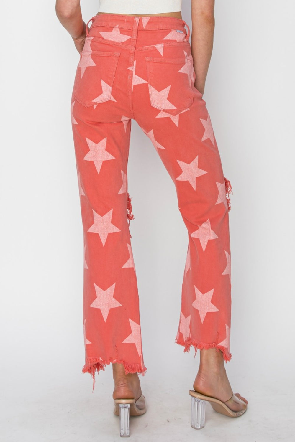 RISEN Peach Blossom Distressed Raw Hem Star Pattern Jeans
