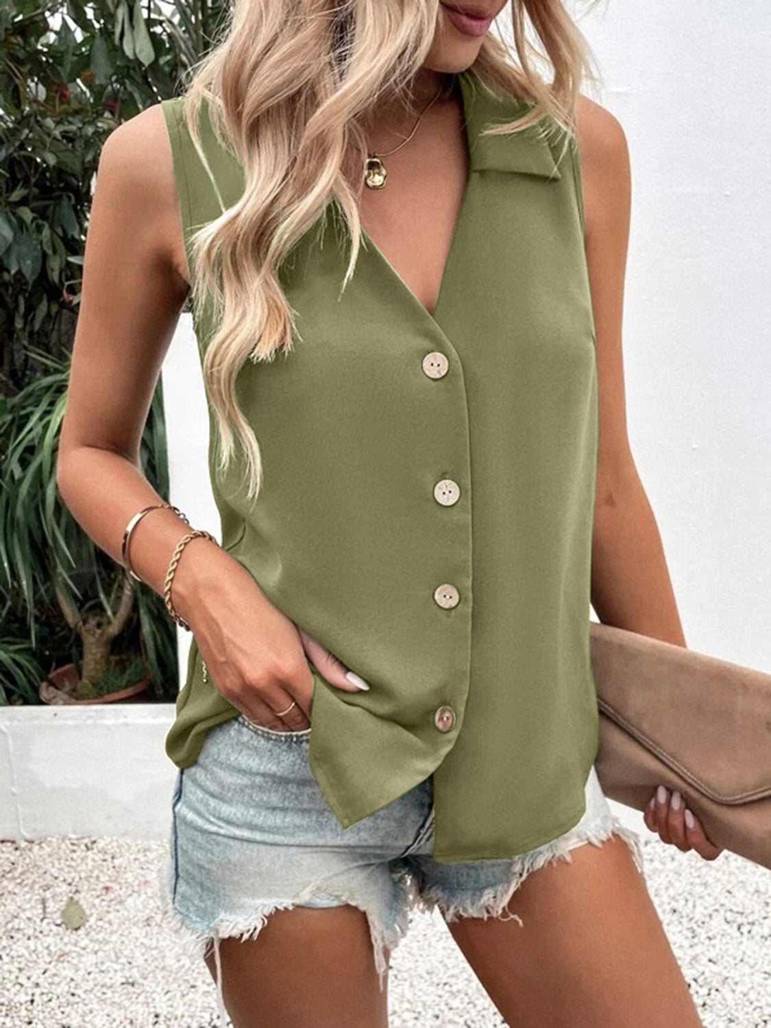 Full Size Johnny Collar Button Up Tank Variety Of Colors