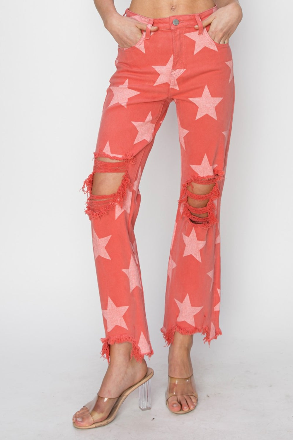 RISEN Peach Blossom Distressed Raw Hem Star Pattern Jeans