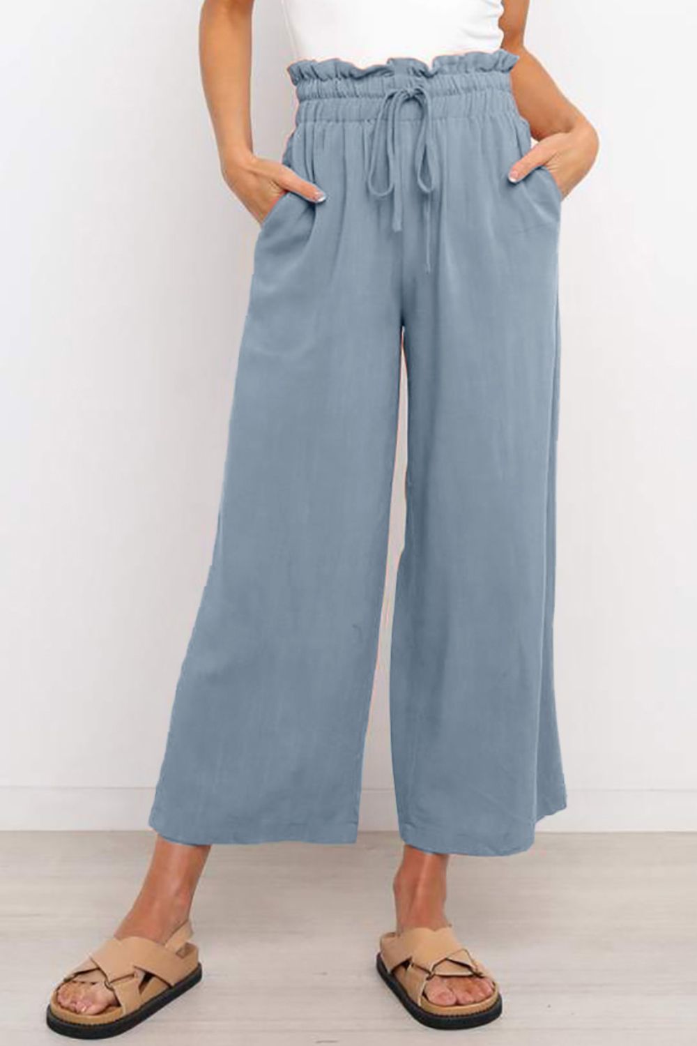Drawstring Waist Wide Leg 3/4 Length Pants