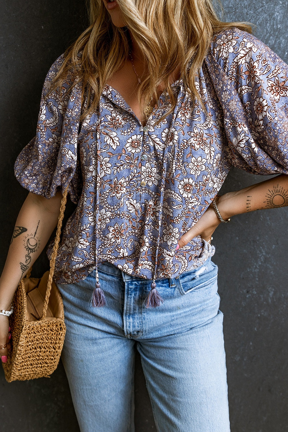 Periwinkle Petal Tie-Neck Blouse