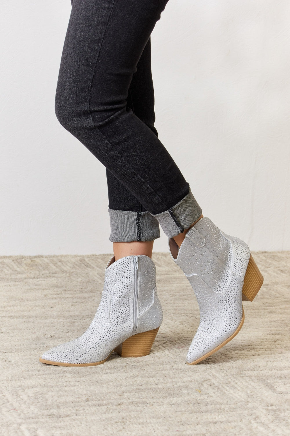 Rhinestone Silver Tone Ankle Cowboy Boots