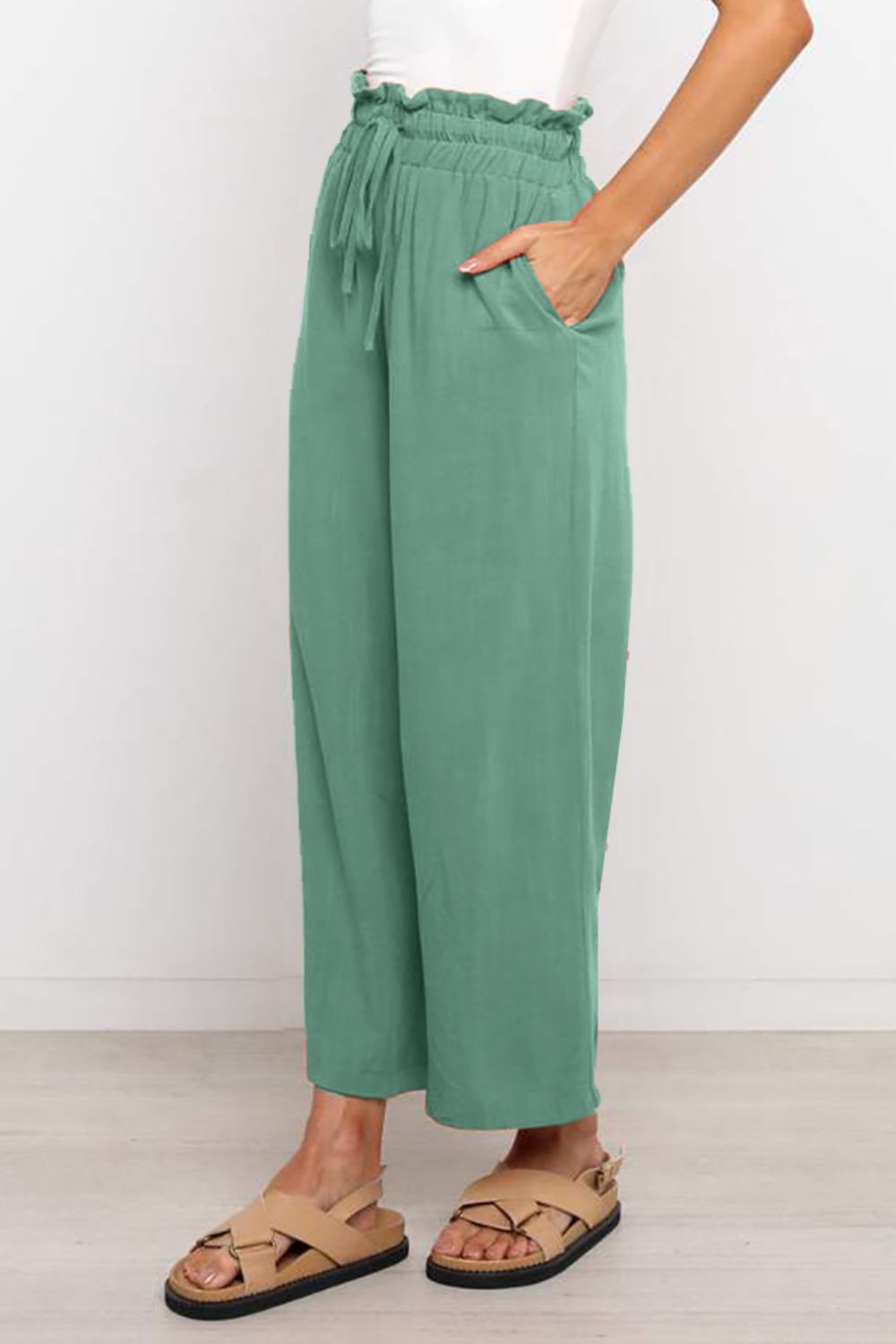 Drawstring Waist Wide Leg 3/4 Length Pants