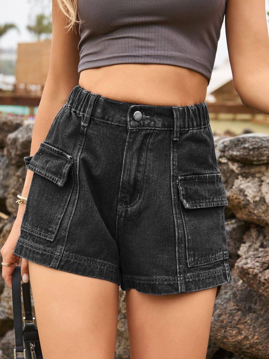 High Waist Denim Shorts with Pockets Front Flap