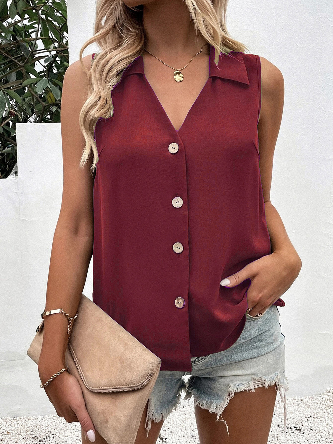 Full Size Johnny Collar Button Up Tank Variety Of Colors