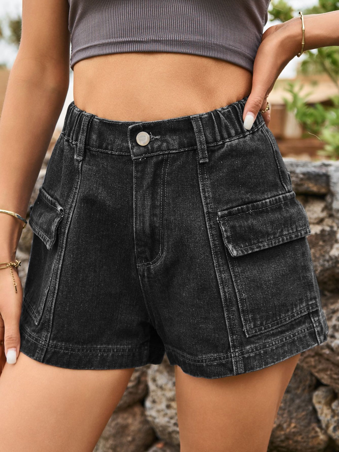 High Waist Denim Shorts with Pockets Front Flap
