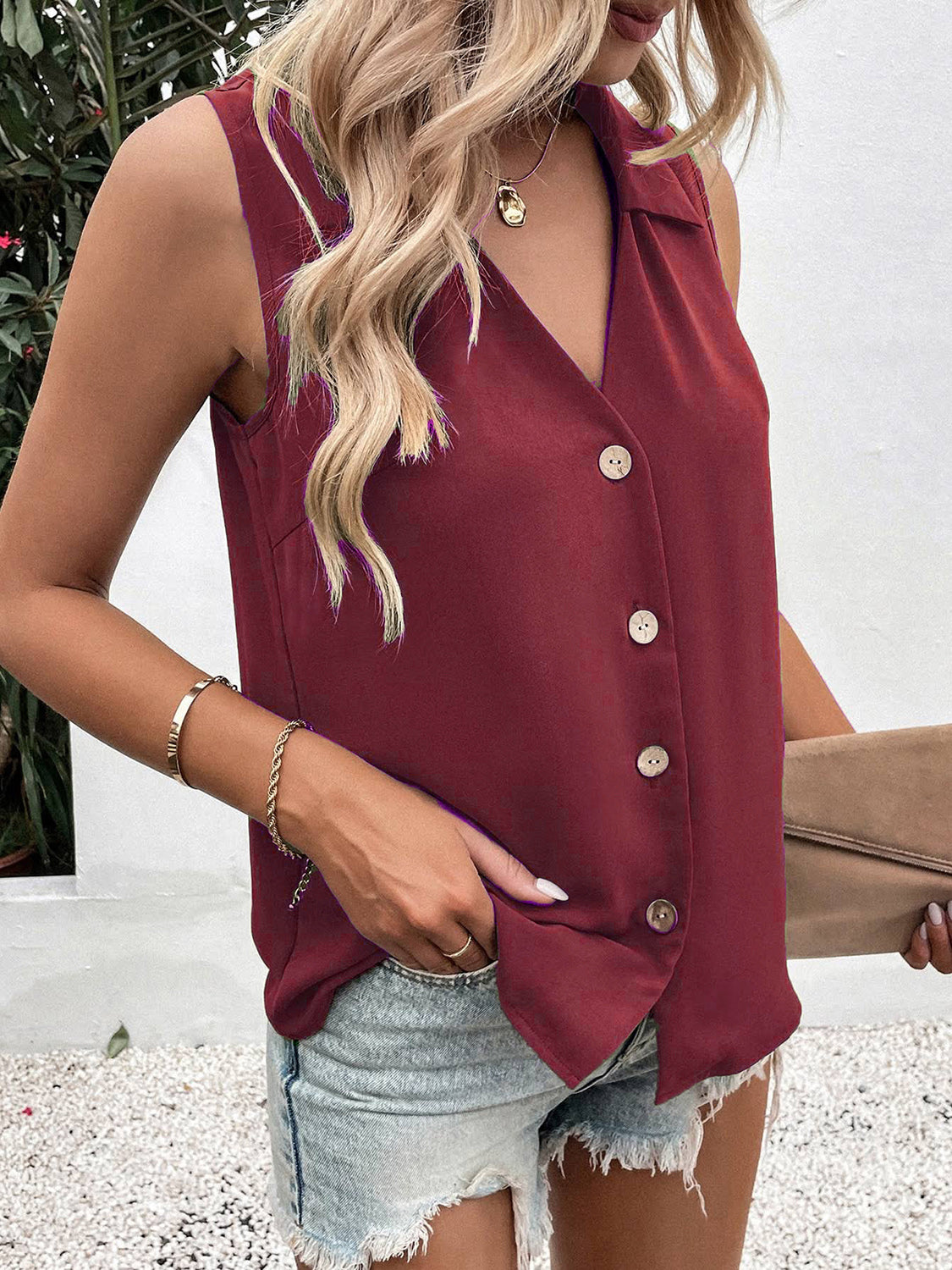 Full Size Johnny Collar Button Up Tank Variety Of Colors