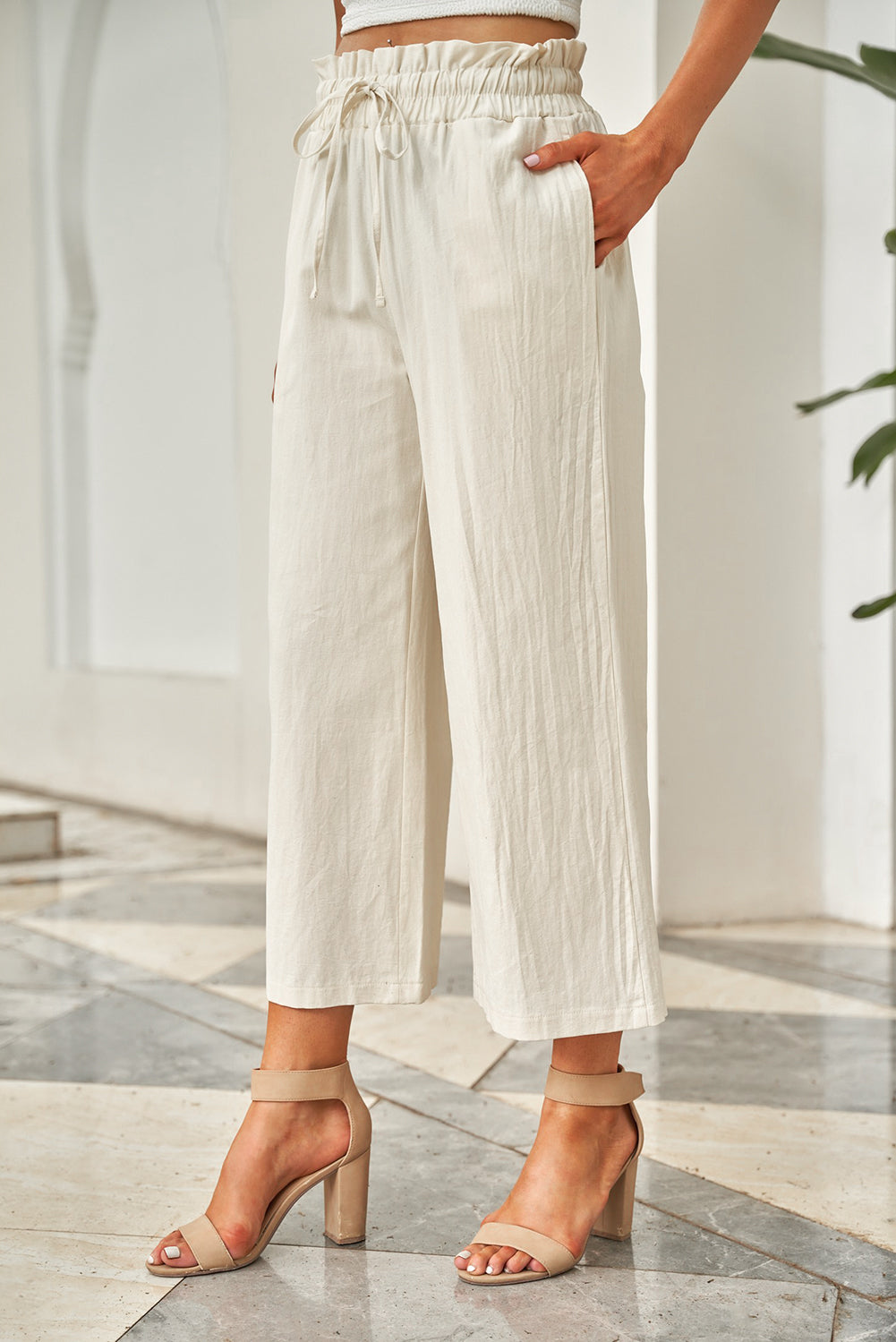 Drawstring Waist Wide Leg 3/4 Length Pants