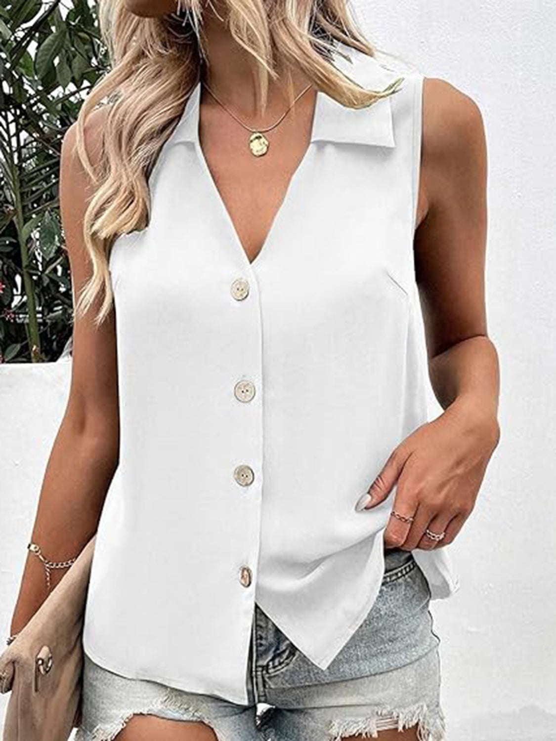 Full Size Johnny Collar Button Up Tank Variety Of Colors