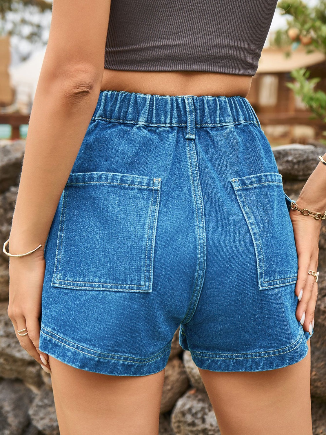 High Waist Denim Shorts with Pockets Front Flap