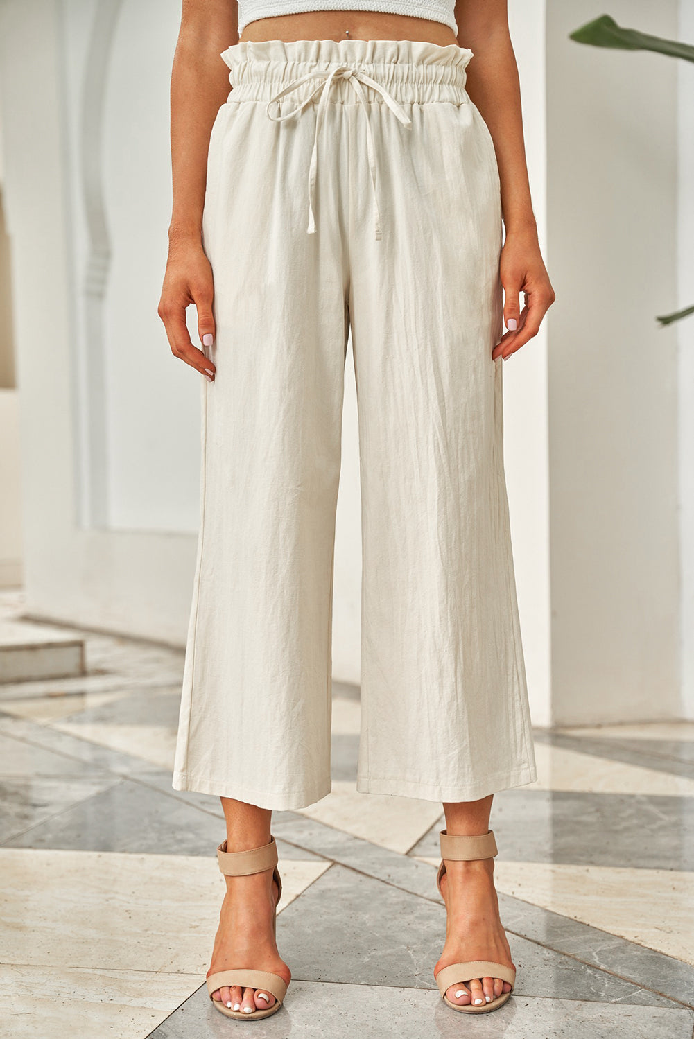 Drawstring Waist Wide Leg 3/4 Length Pants