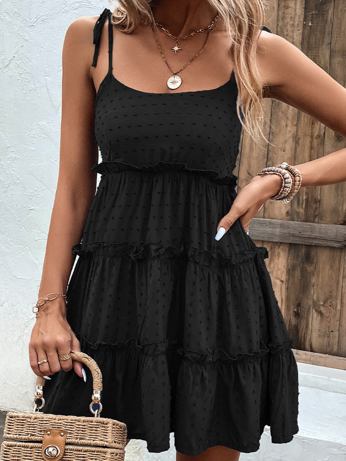 Tie Spaghetti Strap Tiered Dress