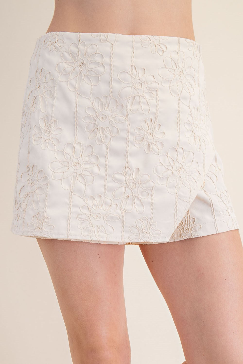 Floral Stitch Skort – Asymmetric Wrap in Cream or Black