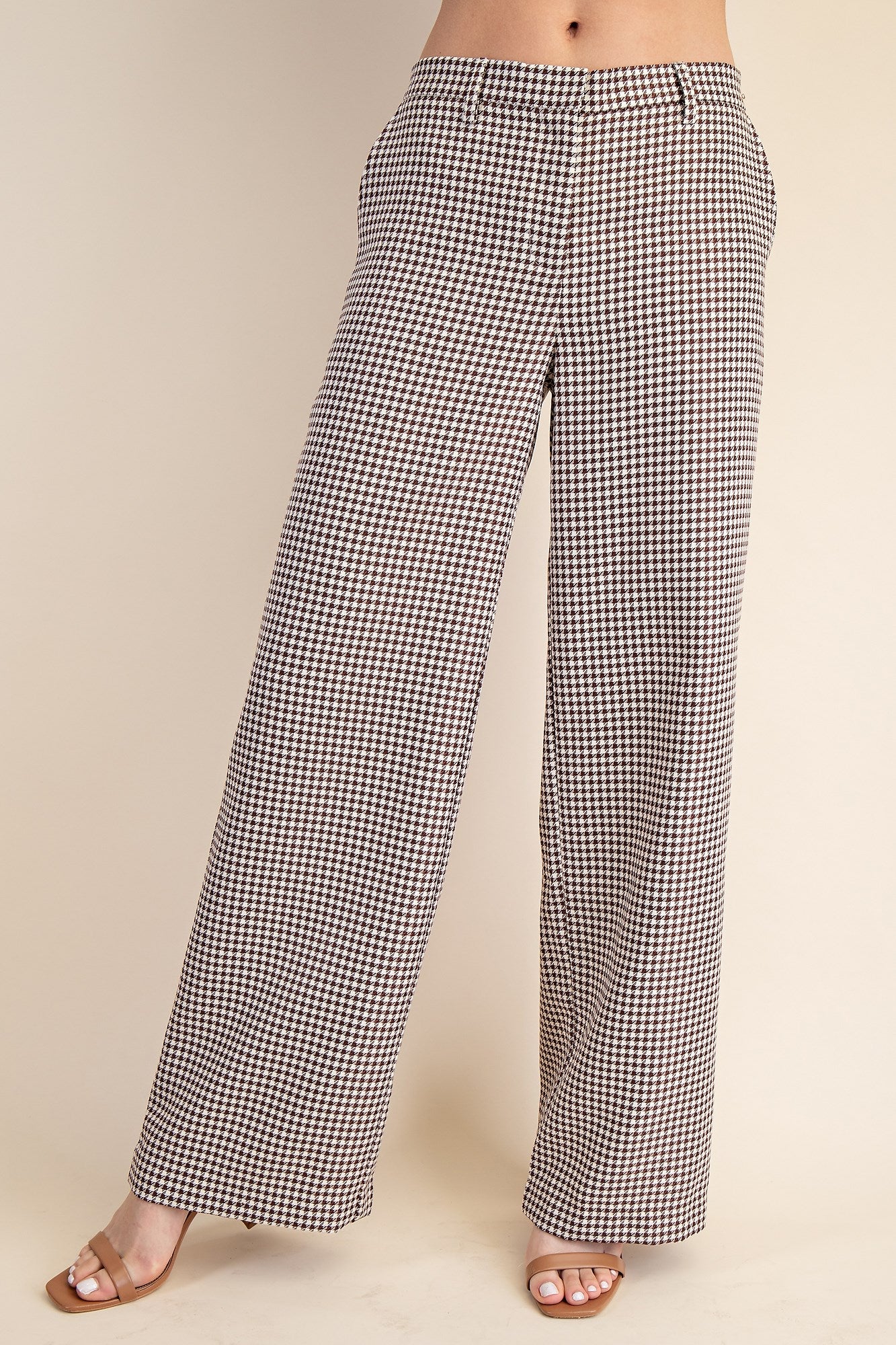 Brown Houndstooth Two-Piece Set – Sleeveless Top & Wide Leg Pants