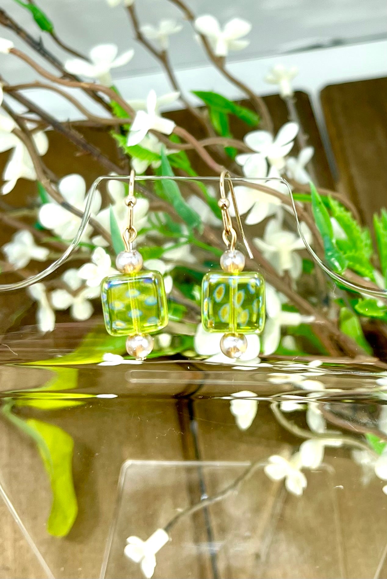 Czech Green Glass Dangle Gold Wire Wrapped Earrings