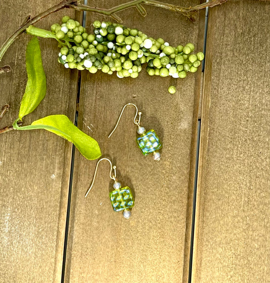 Czech Green Glass Dangle Gold Wire Wrapped Earrings