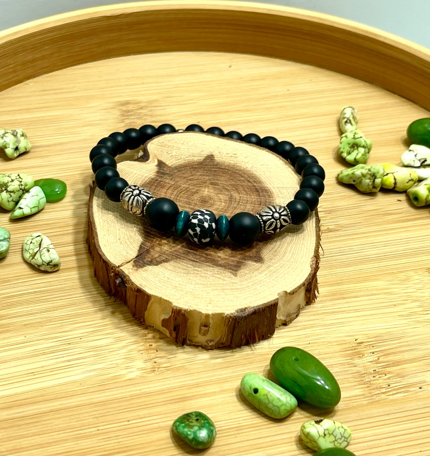 Midnight Skyline Mens Bracelet Matte Black Beaded Adjustable