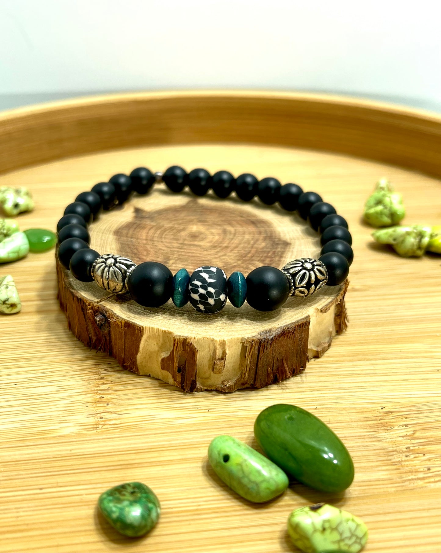 Midnight Skyline Mens Bracelet Matte Black Beaded Adjustable