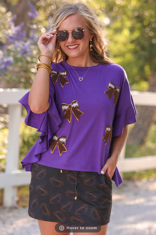 Gameday Glam Tee - Purple Sequin Football Bows