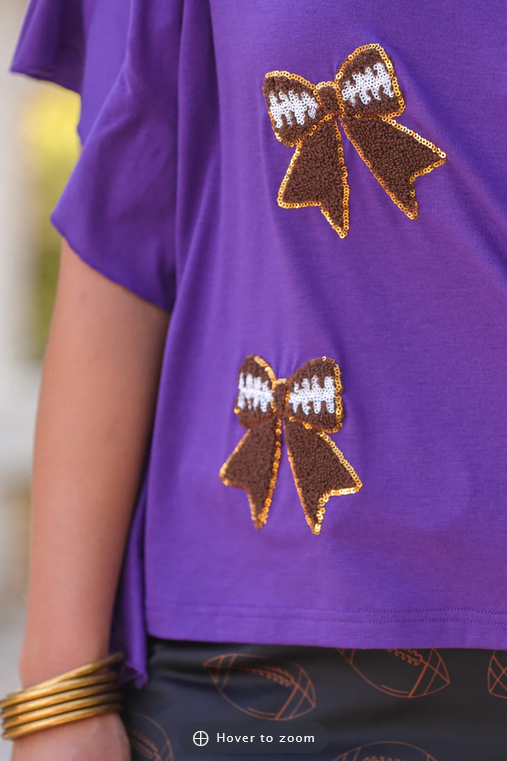 Gameday Glam Tee - Purple Sequin Football Bows