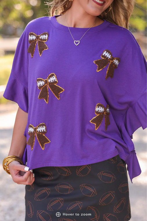 Gameday Glam Tee - Purple Sequin Football Bows