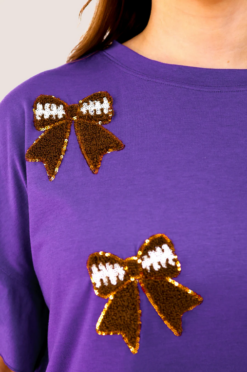 Gameday Glam Tee - Purple Sequin Football Bows