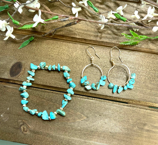 Gold & Turquoise Hoop Dangle Earrings and Bracelet Set