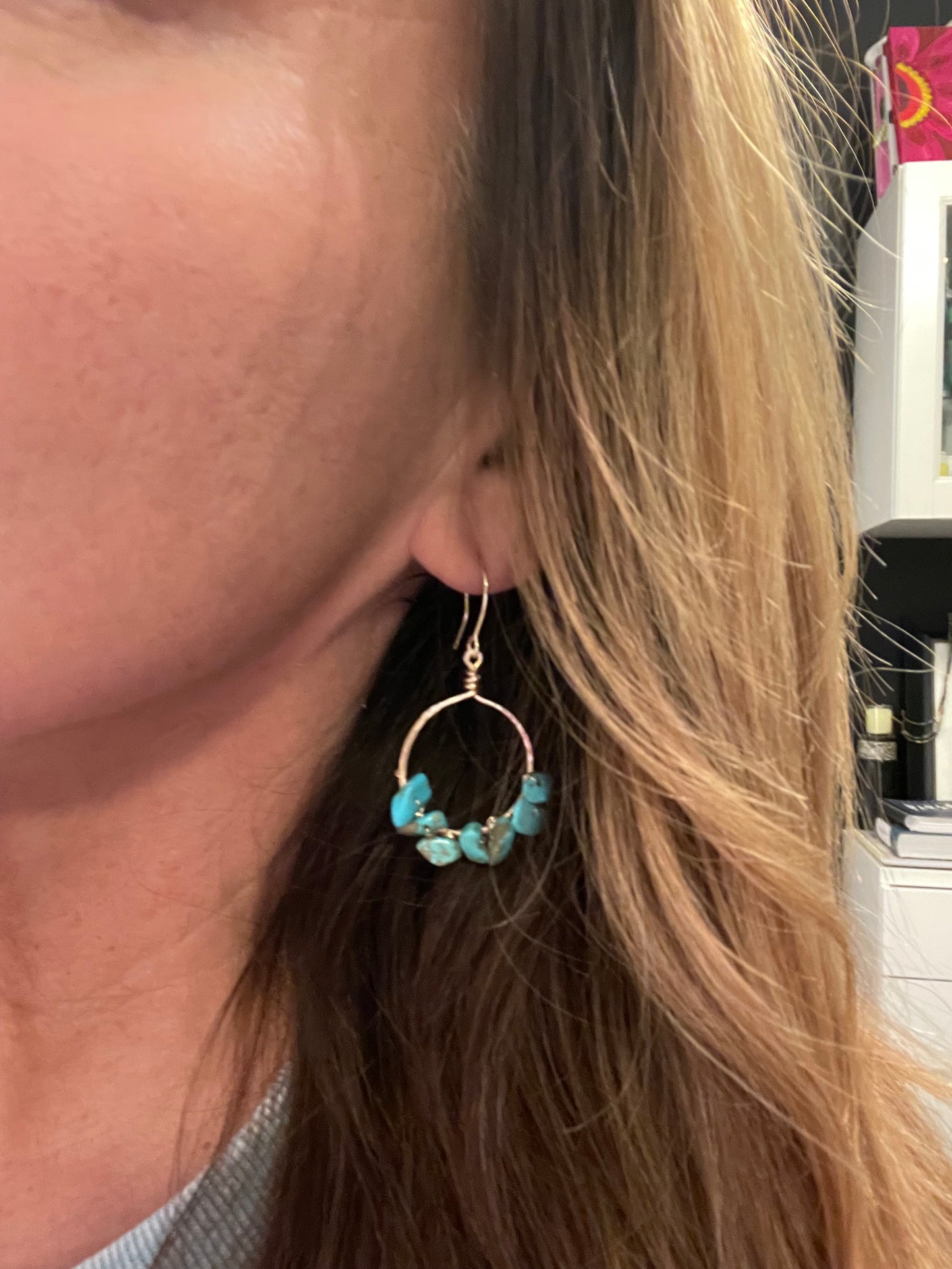 Gold & Turquoise Hoop Dangle Earrings and Bracelet Set