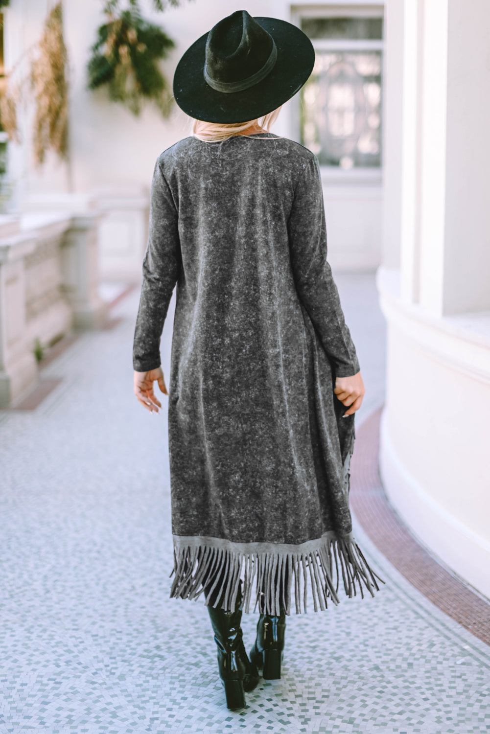 Charcoal Fringe Hem Long Cardigan