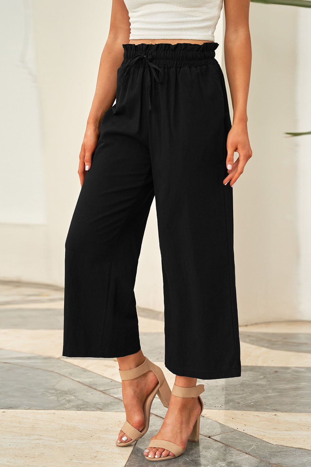 Drawstring Waist Wide Leg 3/4 Length Pants