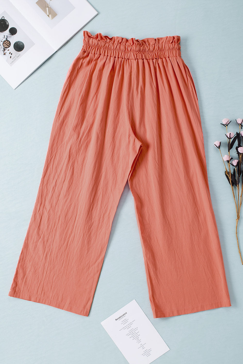 Drawstring Waist Wide Leg 3/4 Length Pants