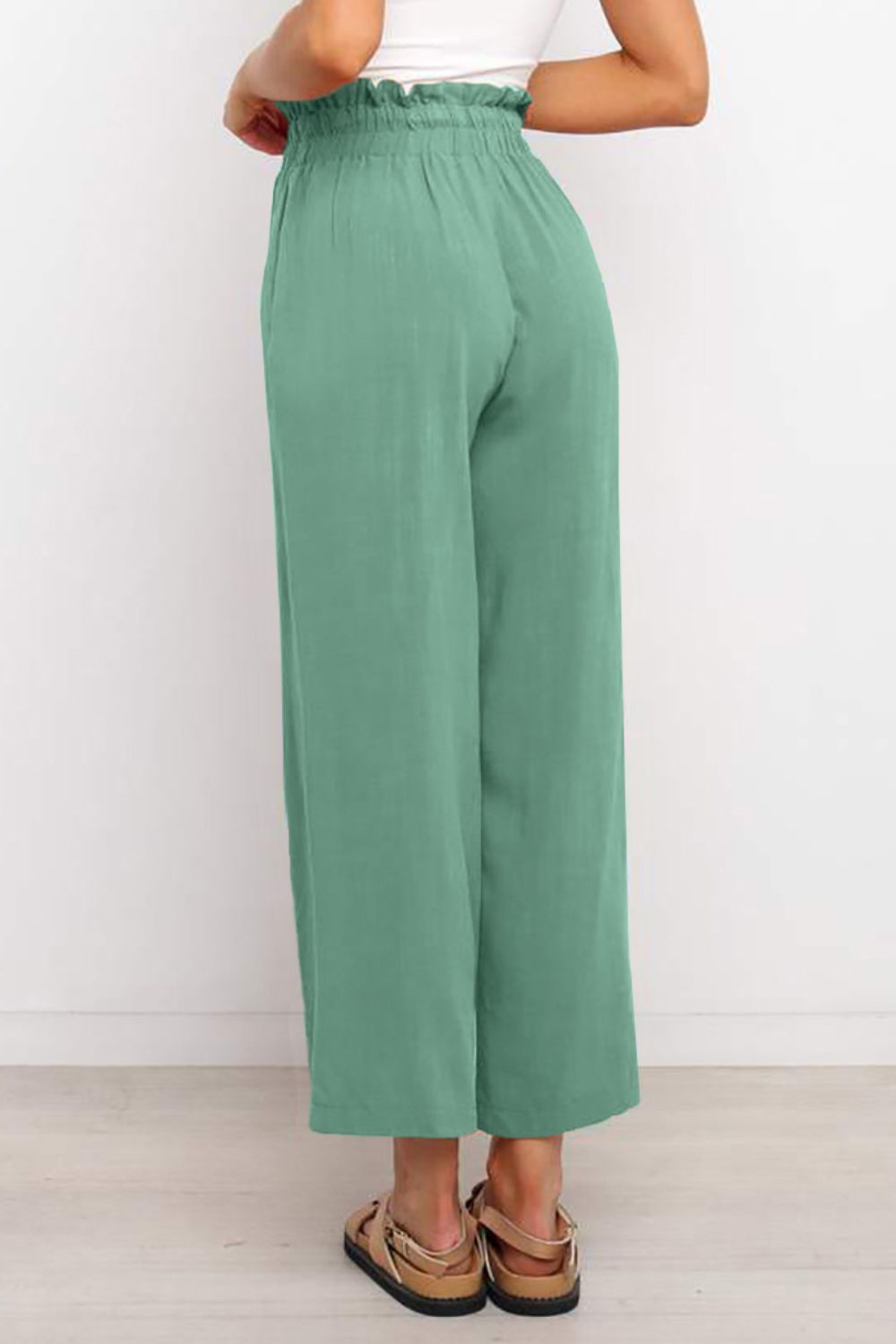 Drawstring Waist Wide Leg 3/4 Length Pants