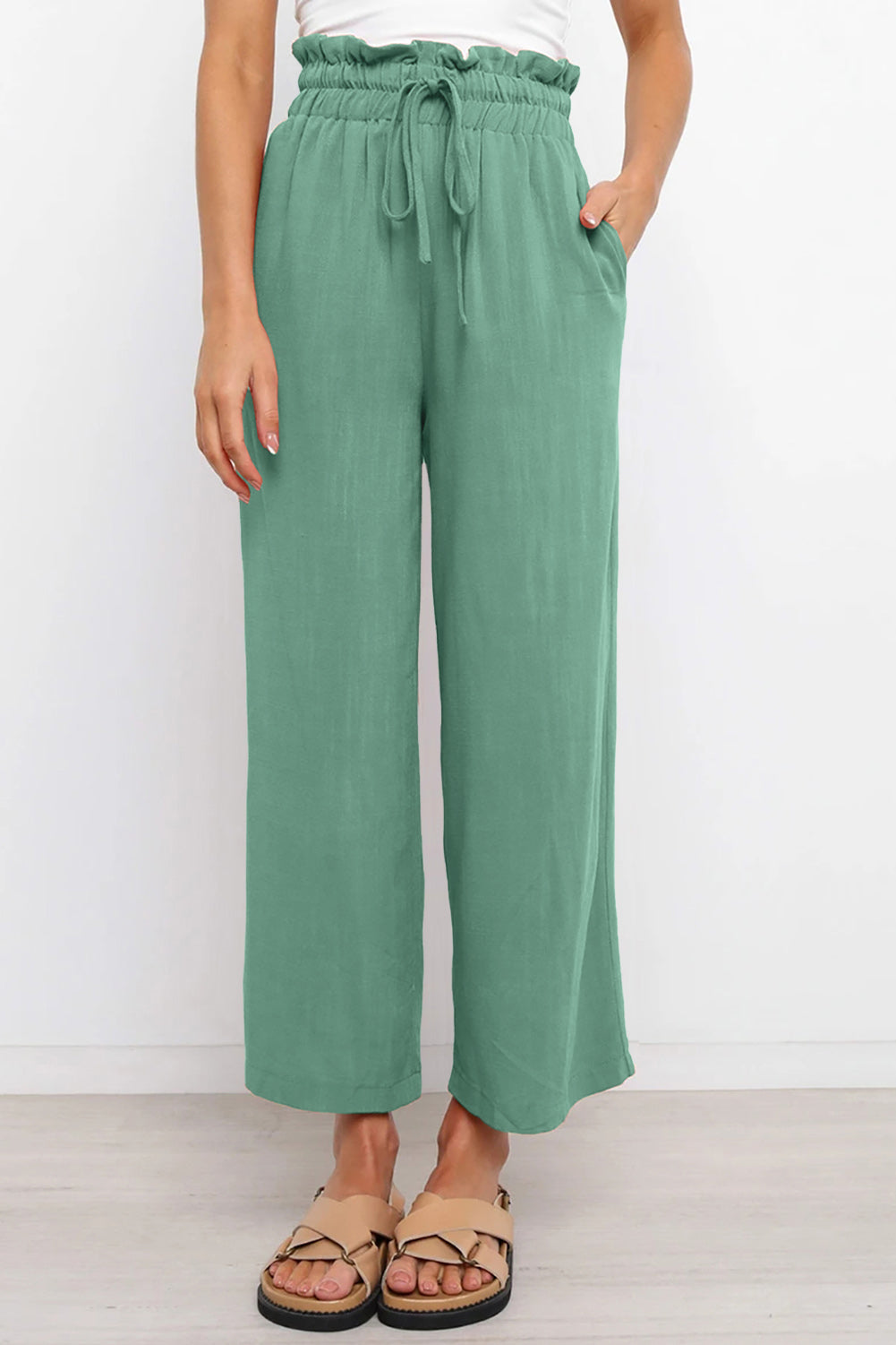Drawstring Waist Wide Leg 3/4 Length Pants